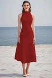 Simple Ivory High Neck Satin Midi Boho Dress