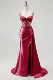 Sparkly Champagne Mermaid Corset Beaded Side Streamer Long Formal Dress with Slit