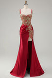 Sparkly Dark Green Satin Mermaid Beaded Sequin Long Formal Dress with Slit