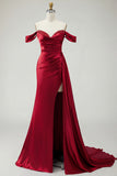 Mermaid Off the Shoulder Beaded Ruched Satin Golden Long Formal Dress with Slit