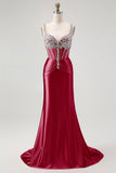 Sparkly Mermaid Blush Spaghetti Straps Corset Long Formal Dress with Sequins