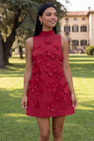 Hot Pink High Neck A-Line Short Formal Dress with 3D Flowers