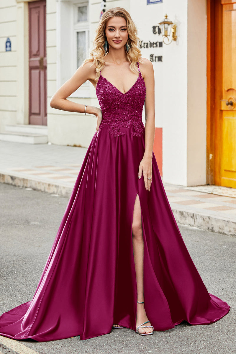 Load image into Gallery viewer, Fuchsia A Line Spaghetti Straps Long Formal Dress with Appliques