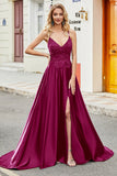 Fuchsia A Line Spaghetti Straps Long Formal Dress with Appliques