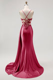 Sparkly Champagne Mermaid Corset Beaded Side Streamer Long Formal Dress with Slit
