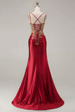 Sparkly Dark Green Satin Mermaid Beaded Sequin Long Formal Dress with Slit