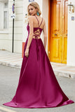 Fuchsia A Line Spaghetti Straps Long Formal Dress with Appliques