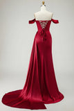 Mermaid Off the Shoulder Beaded Ruched Satin Golden Long Formal Dress with Slit