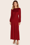 Black Satin Boat Neck A-Line Long Formal Dress with Long Sleeves