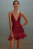 Sparkly White Bodycon V Neck Sequin Ruffled Short Graduation Dress