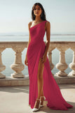 Black Chiffon One Shoulder Maxi Sheath Boho Formal Dress with Slit