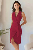 Burgundy Bodycon Satin V Neck Midi Work Dress with Sash