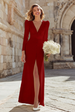 Simple Ivory Sheath Deep V-Neck Long Sleeves Wedding Dress with Slit