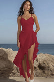 Black Chiffon Spaghetti Straps Ruffled Asymmetrical A Line Graduation Dress