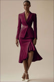 Burgundy Ruffled Peak Lapel 2 Piece Midi Work Dress