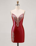 Sparkly Fuchsia Strapless Beaded Bodycon Short Cocktail Dress with Slit