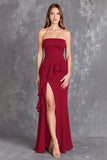 Black Chiffon Strapless Ruffled Long Formal Dress with Slit