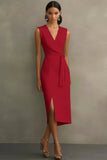 Black Satin V-Neck Bodycon Long Formal Dress with Sash