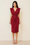 Black Satin Midi V Neck Ruched Bodycon Formal Dress