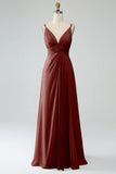 Dusty Sage A-Line Spaghetti Straps Pleated Chiffon Long Bridesmaid Dress