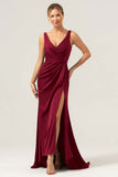 Burgundy Sheath V Neck Ruched High-Low Bridesmaid Dress with Slit