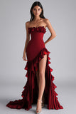 Black Mermaid Strapless Ruffled Formal Dress With Slit