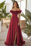Off The Shoulder Red A Line Ruffled Long Formal Dress With Slit