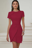 Ivory Satin A Line Pleated Short Work Dress with Short Sleeves