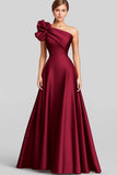 Black A-Line Ruffled One Shoulder Satin Long Formal Dress