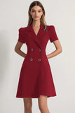 Navy Peak Lapel Double Breasted Satin Short Sleeves Work Dress