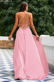 A-Line Spaghetti Straps Backless Long Satin Formal Dress with Slit