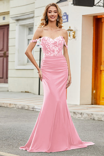 Fuchsia Mermaid Off The Shoulder Long Formal Dress with Sequins