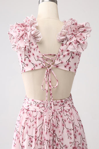 Pink Floral A-Line Deep V-Neck Pleated Backless Formal Dress