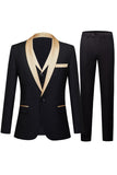 Black and Champagne Shawl Lapel  3 Piece Slim Fit Men's Prom Suits