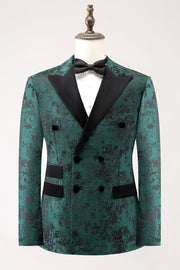 Dark Green Peak Lapel Double Breasted 2 Piece Jacquard Men's Formal Suits