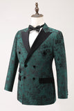 Dark Green Peak Lapel Double Breasted 2 Piece Jacquard Men's Formal Suits