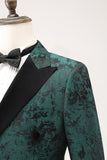 Dark Green Peak Lapel Double Breasted 2 Piece Jacquard Men's Formal Suits