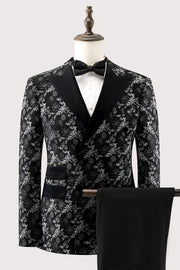 Black Peak Lapel 2 Piece Double Breasted Jacquard Men's Formal Suits