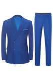 Blue 2 Piece Peak Lapel Double Breasted Men's Formal Suits