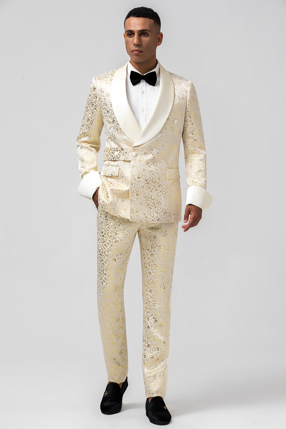 Zapaka Glitter Champagne Men's Formal Suits with Belt Shawl Lapel