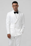 White Slim Fit Peak Lapel Jacquard Double Breasted 2 Piece Men's Suits