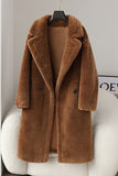 Brown Notched Lapel Long Teddy Wool coat