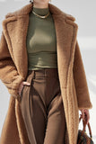 Brown Notched Lapel Long Teddy Wool coat