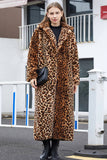 Brown Leopard Notched Lapel Faux Fur Shearling Coat