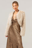 Open Front Apricot Shearling Faux Fur Cropped Coat