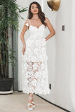 White Boho Flower Sheath Spaghetti Straps Long Party Dress with Lace