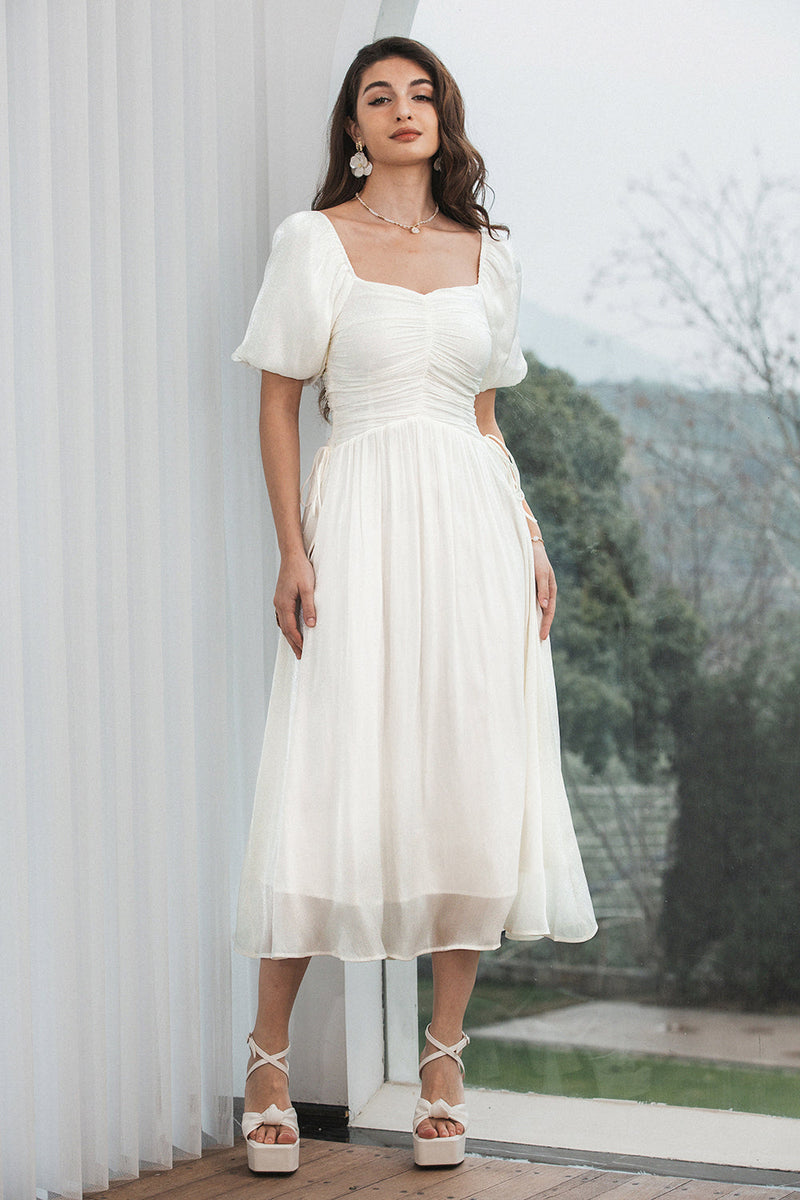 Load image into Gallery viewer, A Line Pleated Little White Dress with Puff Sleeves