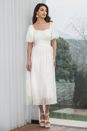 A Line Pleated Little White Dress with Puff Sleeves