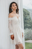 Off the Shoulder Lace Little White Dress with Long Sleeves