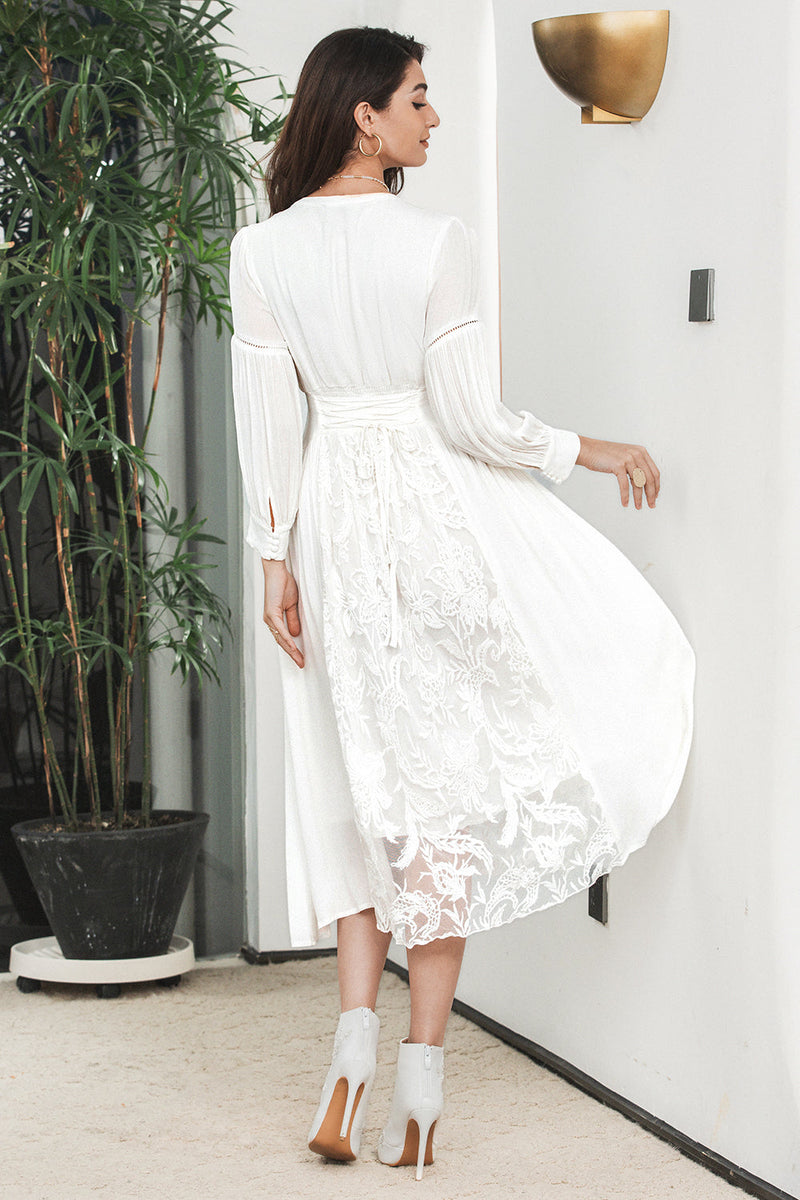 Load image into Gallery viewer, White Boho Long Sleeves Engagement Party Dress with Lace